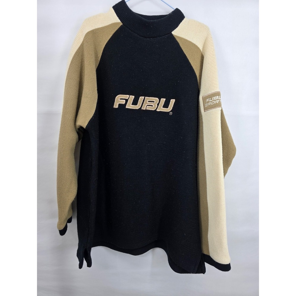 Vintage FUBU Sports Knit Sweater Mens XL Black Tan Color Block 90s Streetwear